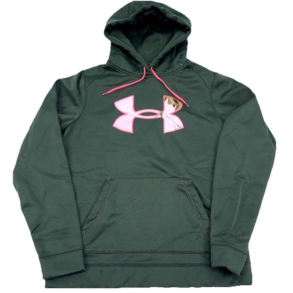 Under Armor Hoodie Women Medium Green Pink Camo Logo Semi Fitted Sweater Olive B